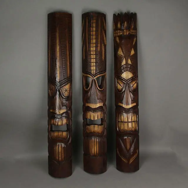 Alt view image 3 of 4 - Set of 3 Hand-Carved Wood Tiki God Wall Hanging Masks 40 Inches High - Tropical Beach Home Decor - Symbolic Deities Kanaloa, Kne, and Lono - Unique Artisan Craftsmanship