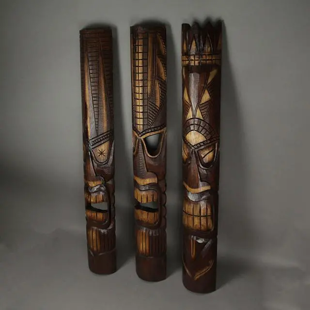 Alt view image 2 of 4 - Set of 3 Hand-Carved Wood Tiki God Wall Hanging Masks 40 Inches High - Tropical Beach Home Decor - Symbolic Deities Kanaloa, Kne, and Lono - Unique Artisan Craftsmanship