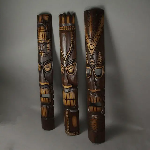 Alt view image 2 of 4 - Set of 3 40-Inch Tall Hand-Carved Tiki Mask Wall Sculptures - Polynesian-Style Tropical Beach Home Hanging Art with Exquisite Indonesian Artisan Craftsmanship
