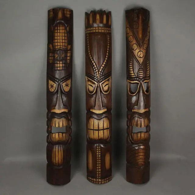 Alt view image 3 of 4 - Set of 3 40-Inch Tall Hand-Carved Tiki Mask Wall Sculptures - Polynesian-Style Tropical Beach Home Hanging Art with Exquisite Indonesian Artisan Craftsmanship
