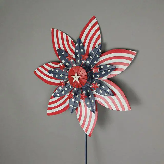 Alt view image 2 of 5 - Stars & Stripes Red White Blue Metal Kinetic Wind Spinner Patriotic Garden Stake  - American Flag Themed Outdoor Flowerbed, Yard and Lawn Décor 39 Inches High