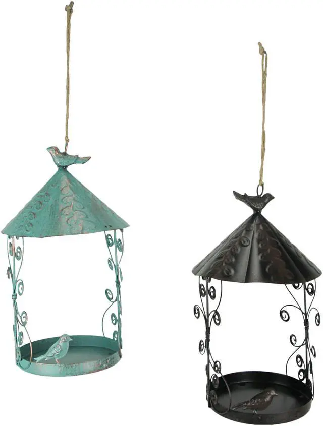 Main image of Rust Teal Metal Hanging Bird Feeder Outdoor Decorative Garden Seed Tray Set of 2