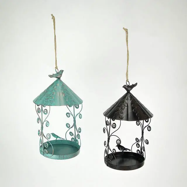 Alt view image 2 of 4 - Rust Teal Metal Hanging Bird Feeder Outdoor Decorative Garden Seed Tray Set of 2