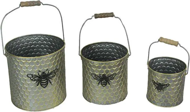 Main image of Set of 3 Galvanized Grey Metal Honeycomb Textured and Bumblebee-Themed Nesting Buckets for Stylish Nature-Themed Decor in Your Home or Garden - Wood Handles