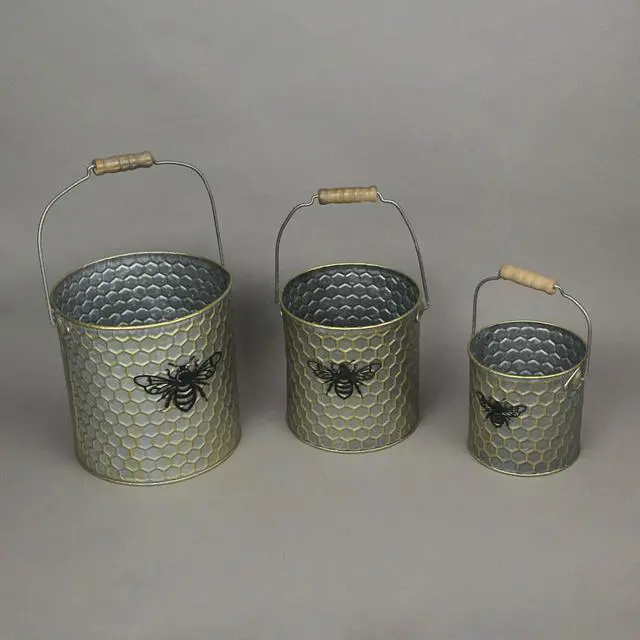 Alt view image 2 of 3 - Set of 3 Galvanized Grey Metal Honeycomb Textured and Bumblebee-Themed Nesting Buckets for Stylish Nature-Themed Decor in Your Home or Garden - Wood Handles