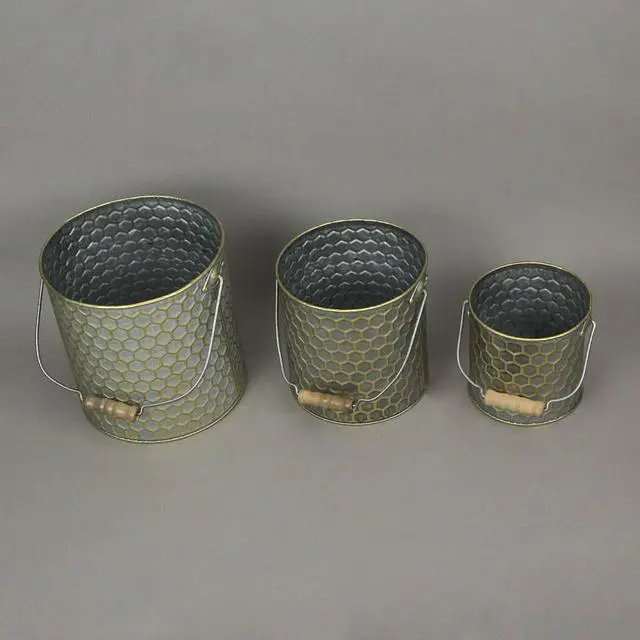 Alt view image 3 of 3 - Set of 3 Galvanized Grey Metal Honeycomb Textured and Bumblebee-Themed Nesting Buckets for Stylish Nature-Themed Decor in Your Home or Garden - Wood Handles