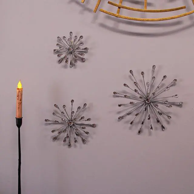 Alt view image 5 of 7 - Set of 3 Metal Starburst Wall Sculptures - Silver Finish, Durable & Elegant Home Decor,12", 9", 6" Diameter, Easy to Hang, Crystal-Adorned, Eye-Catching Accents