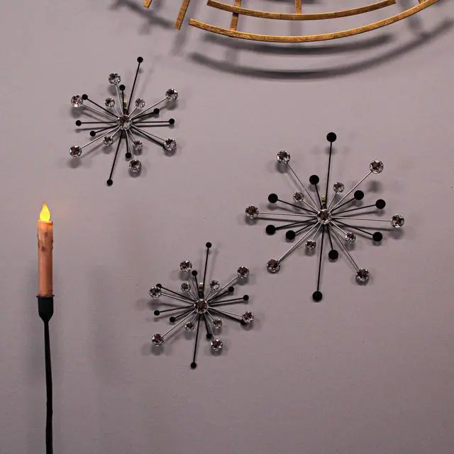 Alt view image 4 of 6 - 3-piece Mid-Century Modern Style Black and Silver Metal Jeweled Atomic Starburst Wall Décor Set - Timeless Elegance - Easy Install - Sparkling Accents For Your Home