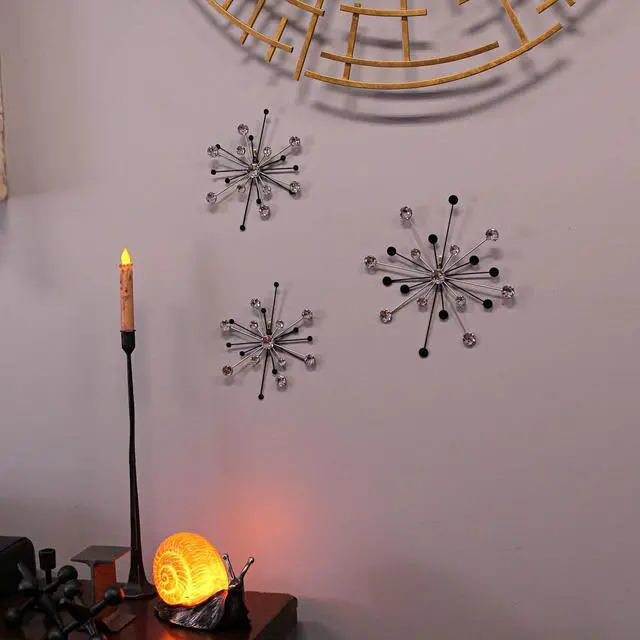 Alt view image 5 of 6 - 3-piece Mid-Century Modern Style Black and Silver Metal Jeweled Atomic Starburst Wall Décor Set - Timeless Elegance - Easy Install - Sparkling Accents For Your Home