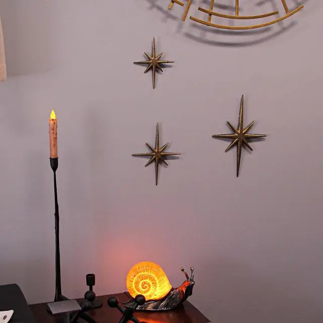 Alt view image 4 of 6 - Radiant Trio of Large Metallic Gold Cast Iron Starburst Wall Hangings - Timeless Mid Century Modern Décor - 8 Pointed Stars - Elegantly Transform Your Space