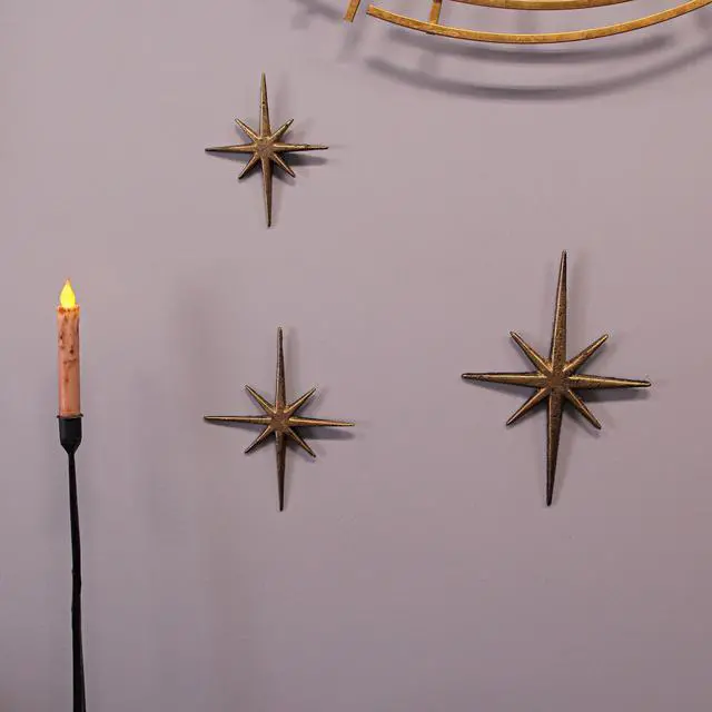 Alt view image 5 of 6 - Radiant Trio of Large Metallic Gold Cast Iron Starburst Wall Hangings - Timeless Mid Century Modern Décor - 8 Pointed Stars - Elegantly Transform Your Space
