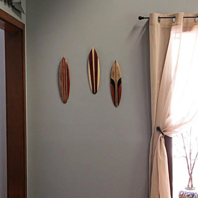 Alt view image 4 of 5 - Set of 3 Hand-Carved and Painted 16-Inch Wooden Surfboard Wall Hangings - Unique Beach Art Decorations for Your Home - Transform Your Space into a Coastal Paradise