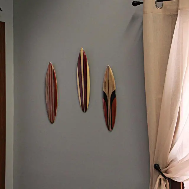 Alt view image 5 of 5 - Set of 3 Hand-Carved and Painted 16-Inch Wooden Surfboard Wall Hangings - Unique Beach Art Decorations for Your Home - Transform Your Space into a Coastal Paradise