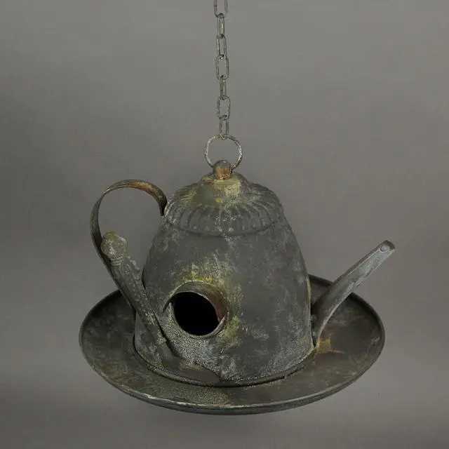 Alt view image 2 of 3 - Rustic Metal Vintage Hanging Teapot Bird House Decorative Garden Farmhouse Decor 10.5 Inches