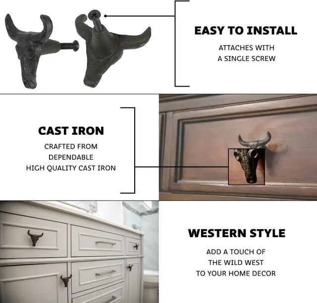 Alt view image 2 of 7 - Set of 6 Rustic Brown Cast Iron Steer Skull Drawer Pulls - Western Home Decor Cabinet Knobs - 2 Inches High - Easy Install - Great For Dressers and Cupboards
