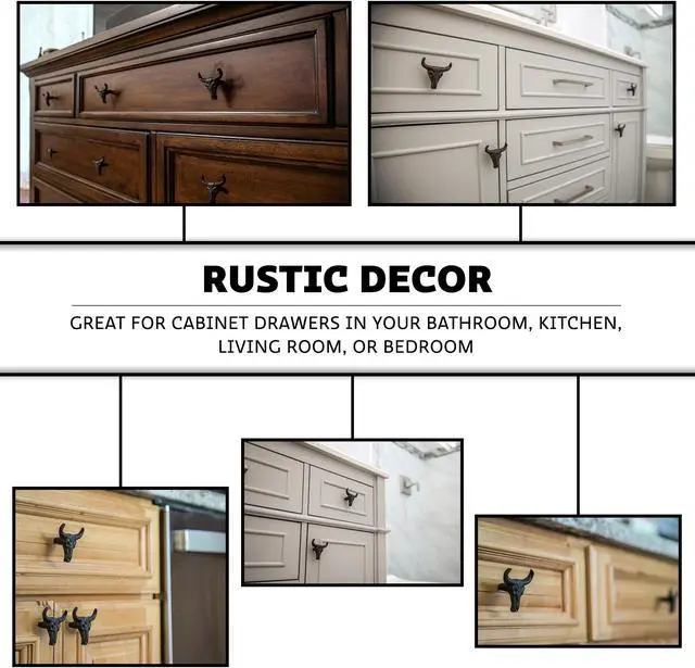 Alt view image 3 of 7 - Set of 6 Rustic Brown Cast Iron Steer Skull Drawer Pulls - Western Home Decor Cabinet Knobs - 2 Inches High - Easy Install - Great For Dressers and Cupboards