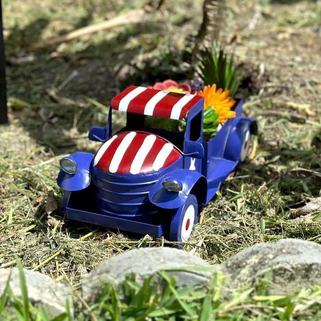 Alt view image 4 of 6 - Rustic Blue Metal Vintage Patriotic Pickup Truck Planter Featuring Stars & Stripes Accents for Charming Indoor or Outdoor Decor, Ideal for Flowers and Succulents