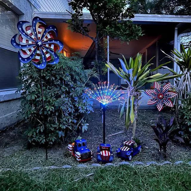 Alt view image 5 of 5 - Stars & Stripes Red White Blue Metal Kinetic Wind Spinner Patriotic Garden Stake  - American Flag Themed Outdoor Flowerbed, Yard and Lawn Décor 39 Inches High