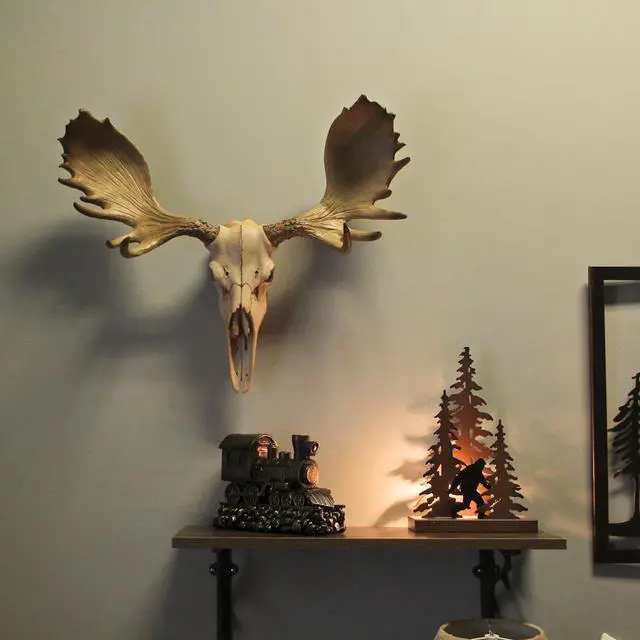 Alt view image 4 of 7 - Bull Moose Skull Wall Sculpture, 23 Inch Faux Aged Bone Resin Decor