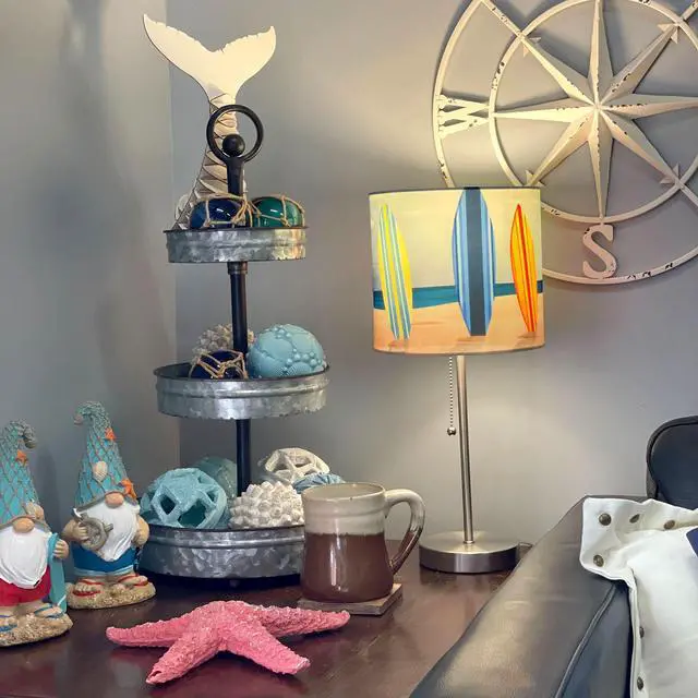 Alt view image 4 of 5 - 18-Inch Stainless Steel Surfboard Table Lamp, a Perfect Beach-Themed Decor Accent with Captivating Beach Surfboard Shade, Ideal for Living Rooms and Bedrooms