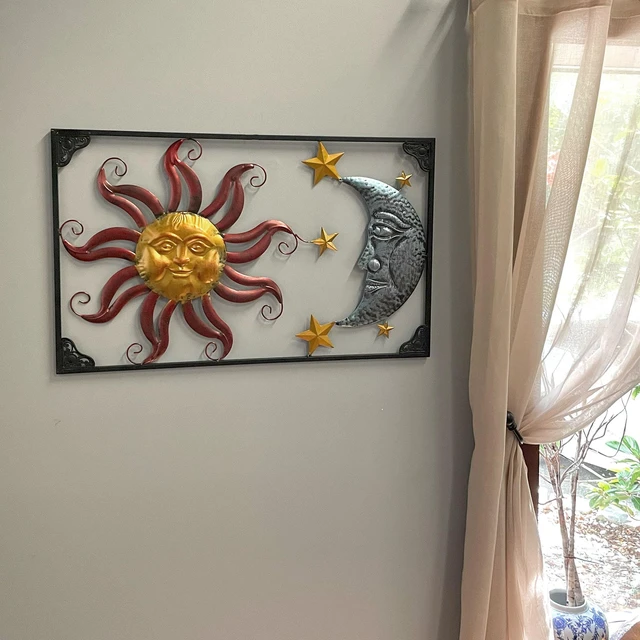 Alt view image 4 of 7 - Sun and Moon Wall Sculpture, 30 Inch Wide Metal Art with Stars
