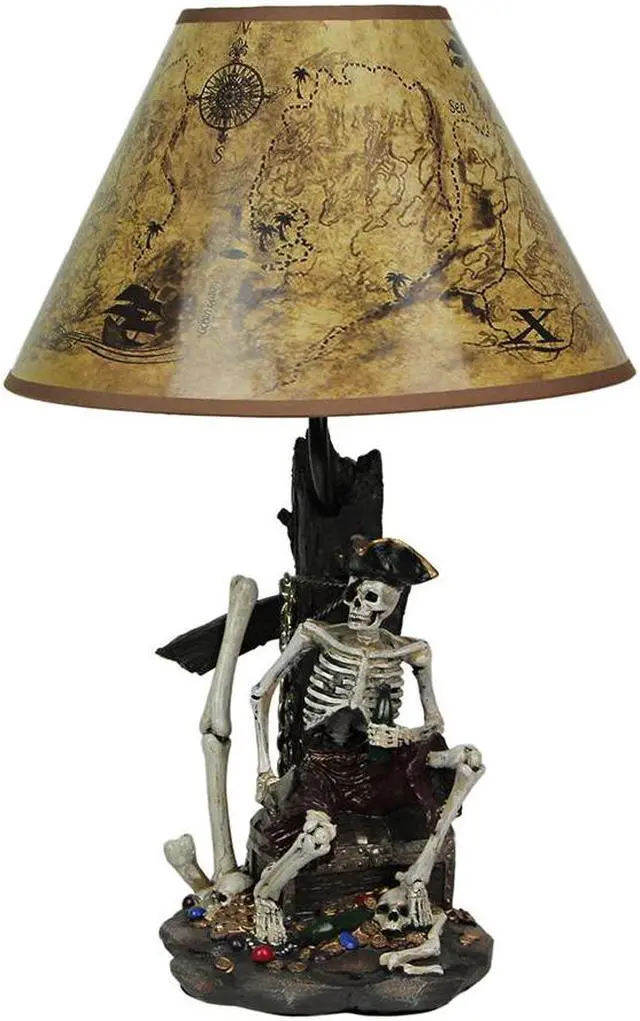 Main image of 21-Inch High Caribbean Pirate Skeleton Table Lamp with Treasure Map Shade - Seafaring Bedroom Light for Nautical Adventurers and Beach Home Buccaneers