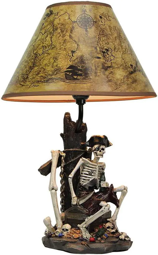 Alt view image 2 of 7 - 21-Inch High Caribbean Pirate Skeleton Table Lamp with Treasure Map Shade - Seafaring Bedroom Light for Nautical Adventurers and Beach Home Buccaneers