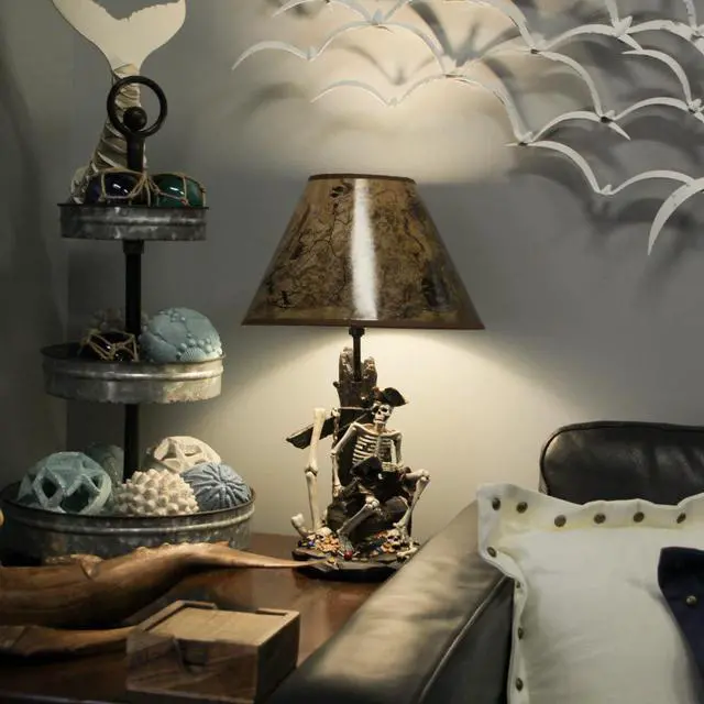 Alt view image 4 of 7 - 21-Inch High Caribbean Pirate Skeleton Table Lamp with Treasure Map Shade - Seafaring Bedroom Light for Nautical Adventurers and Beach Home Buccaneers