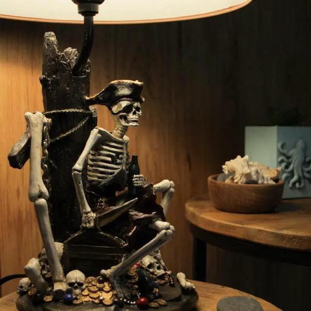 Alt view image 5 of 7 - 21-Inch High Caribbean Pirate Skeleton Table Lamp with Treasure Map Shade - Seafaring Bedroom Light for Nautical Adventurers and Beach Home Buccaneers