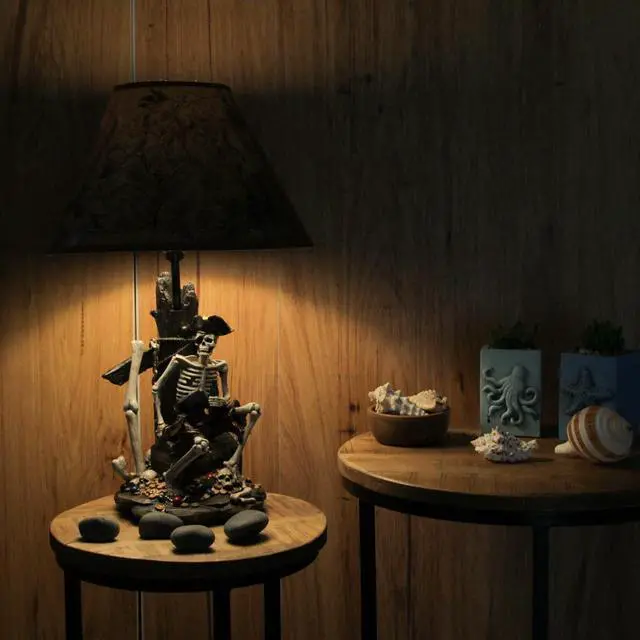 Alt view image 6 of 7 - 21-Inch High Caribbean Pirate Skeleton Table Lamp with Treasure Map Shade - Seafaring Bedroom Light for Nautical Adventurers and Beach Home Buccaneers