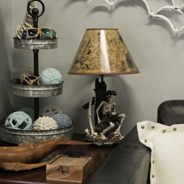 Alt view image 7 of 7 - 21-Inch High Caribbean Pirate Skeleton Table Lamp with Treasure Map Shade - Seafaring Bedroom Light for Nautical Adventurers and Beach Home Buccaneers