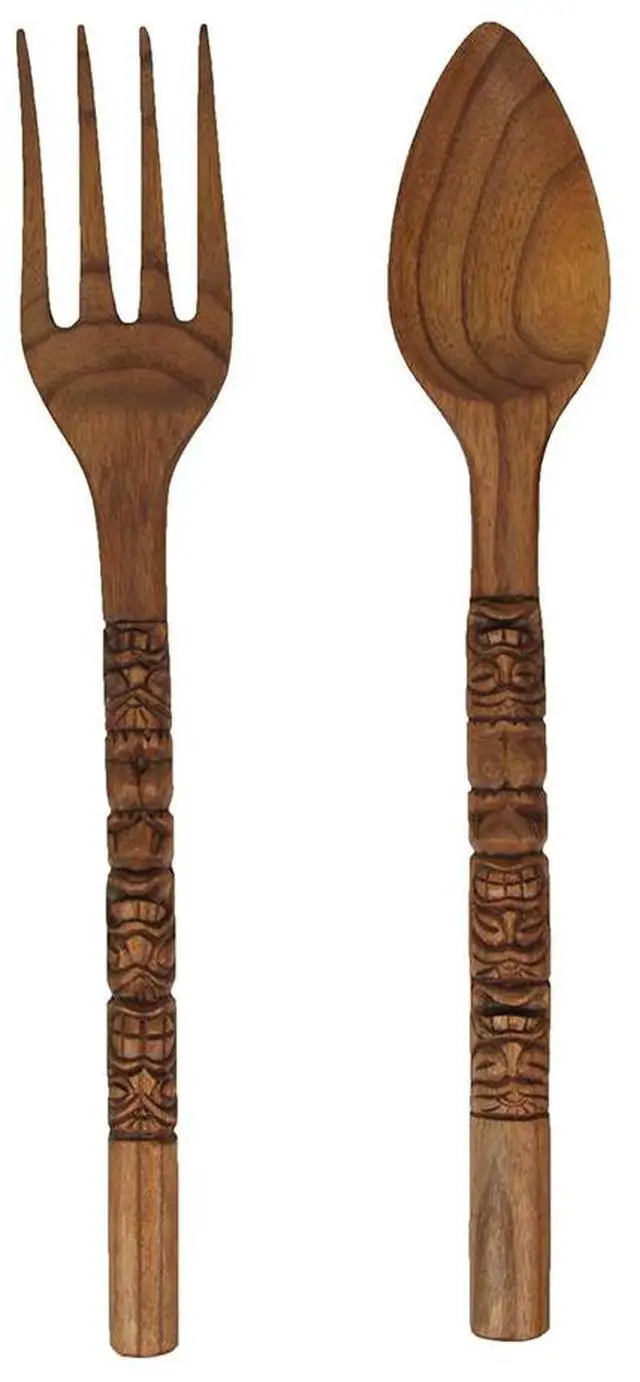 Main image of Set of 2 Carved Tiki Design Wooden Spoon & Fork Utensil Wall Sculptures in Brown Wood - Large 24-Inch Decorative Art Pieces, Perfect for Hawaii-Inspired Home Decor
