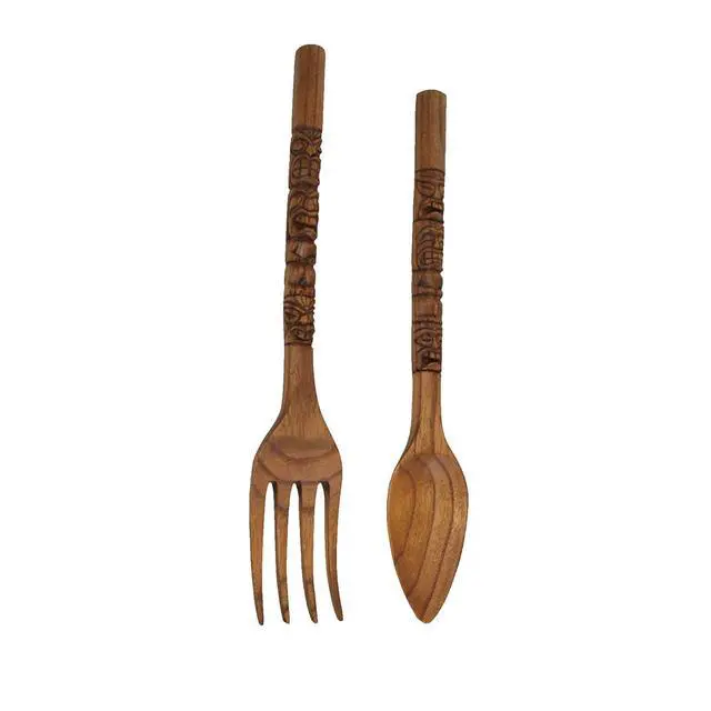 Alt view image 2 of 7 - Set of 2 Carved Tiki Design Wooden Spoon & Fork Utensil Wall Sculptures in Brown Wood - Large 24-Inch Decorative Art Pieces, Perfect for Hawaii-Inspired Home Decor
