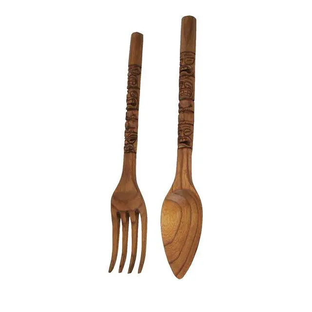 Alt view image 3 of 7 - Set of 2 Carved Tiki Design Wooden Spoon & Fork Utensil Wall Sculptures in Brown Wood - Large 24-Inch Decorative Art Pieces, Perfect for Hawaii-Inspired Home Decor