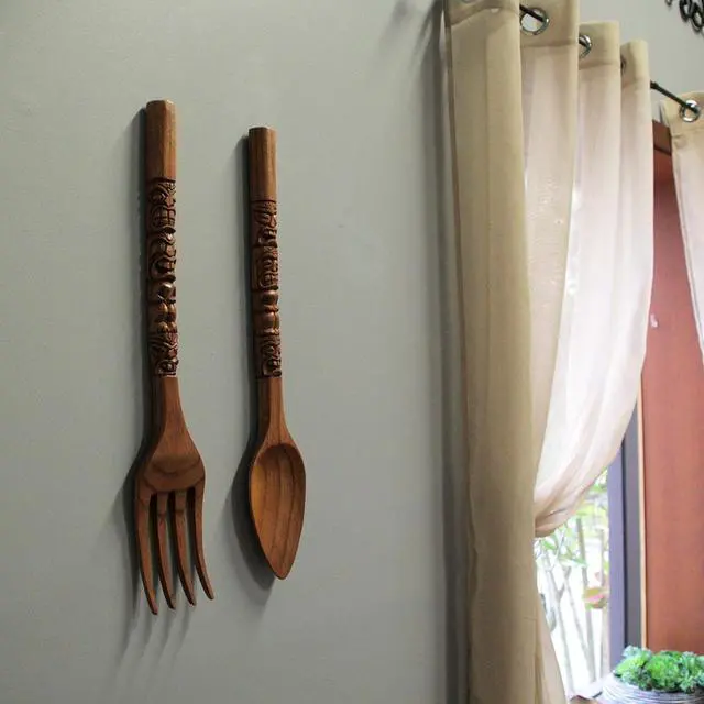 Alt view image 4 of 7 - Set of 2 Carved Tiki Design Wooden Spoon & Fork Utensil Wall Sculptures in Brown Wood - Large 24-Inch Decorative Art Pieces, Perfect for Hawaii-Inspired Home Decor