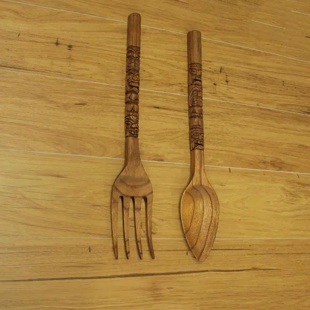 Alt view image 5 of 7 - Set of 2 Carved Tiki Design Wooden Spoon & Fork Utensil Wall Sculptures in Brown Wood - Large 24-Inch Decorative Art Pieces, Perfect for Hawaii-Inspired Home Decor