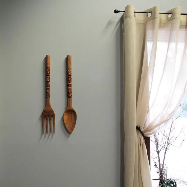 Alt view image 6 of 7 - Set of 2 Carved Tiki Design Wooden Spoon & Fork Utensil Wall Sculptures in Brown Wood - Large 24-Inch Decorative Art Pieces, Perfect for Hawaii-Inspired Home Decor