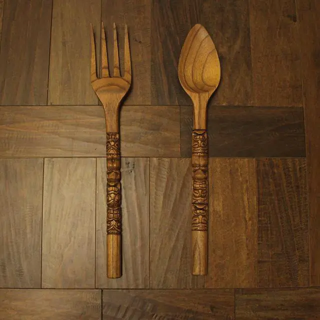 Alt view image 7 of 7 - Set of 2 Carved Tiki Design Wooden Spoon & Fork Utensil Wall Sculptures in Brown Wood - Large 24-Inch Decorative Art Pieces, Perfect for Hawaii-Inspired Home Decor