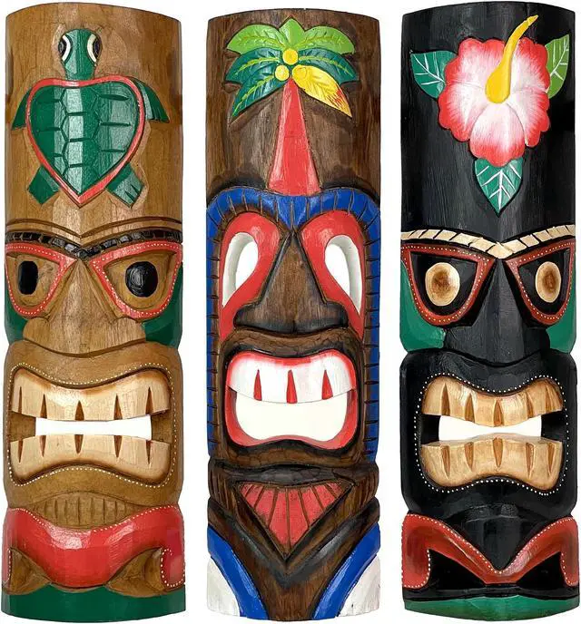 Main image of Set of 3 Colorful Hawaiian Island Style Wooden Tiki Wall Décor Masks 20 Inches High