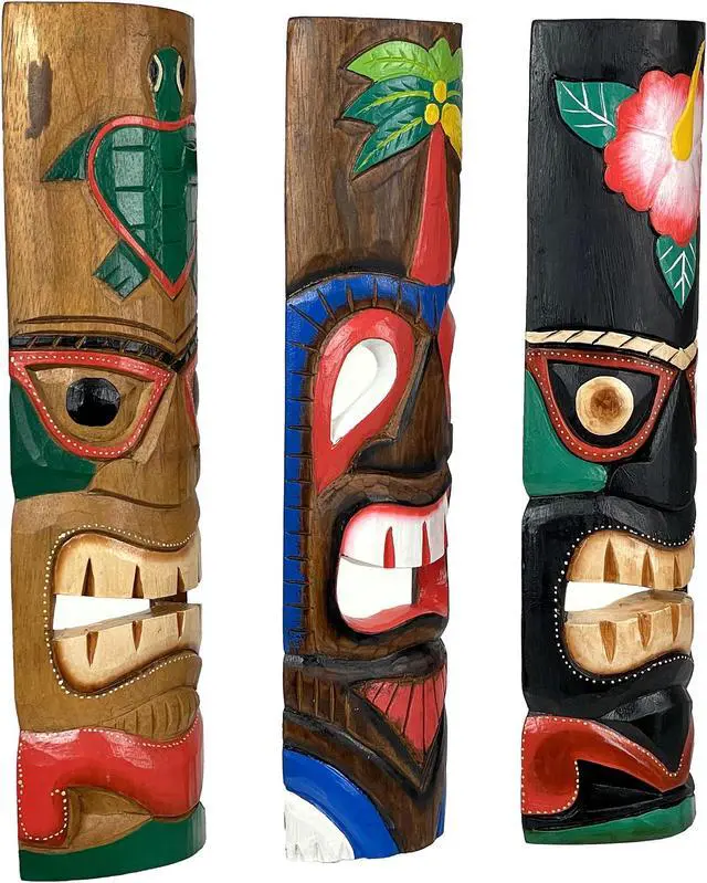 Alt view image 2 of 5 - Set of 3 Colorful Hawaiian Island Style Wooden Tiki Wall Décor Masks 20 Inches High