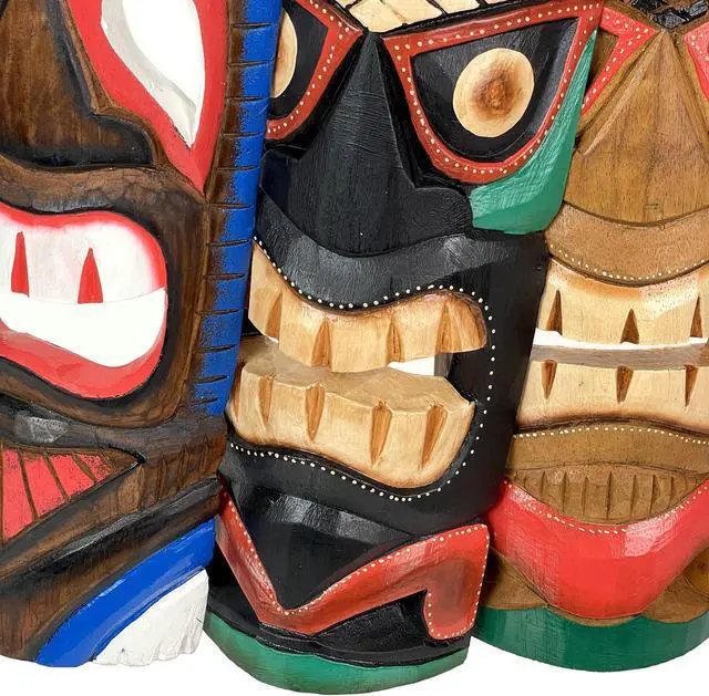 Alt view image 5 of 5 - Set of 3 Colorful Hawaiian Island Style Wooden Tiki Wall Décor Masks 20 Inches High