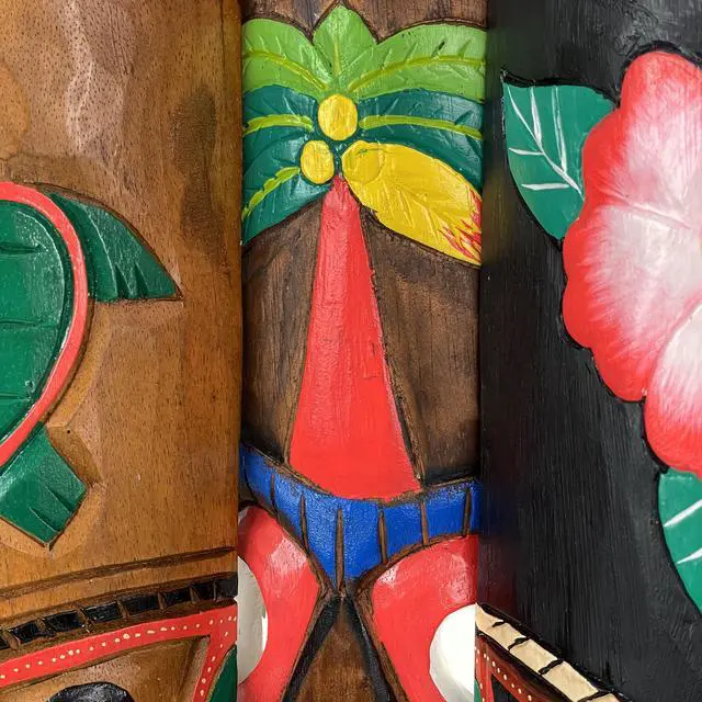 Alt view image 3 of 5 - Set of 3 Colorful Hawaiian Island Style Wooden Tiki Wall Décor Masks 20 Inches High