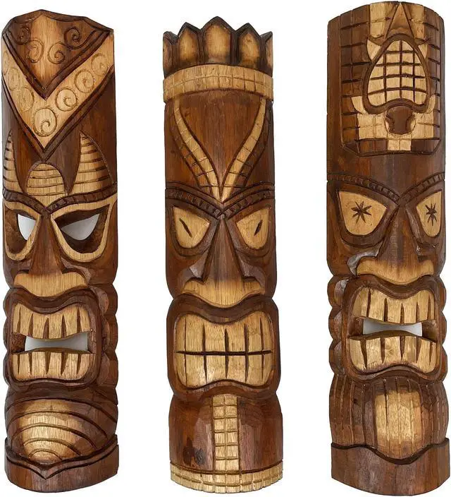 Main image of Set of 3 Exquisite 24-Inch High Hand-Carved Tiki Mask Wall Hanging Sculptures - Artisan Crafted - Perfect Polynesian Designs for Tropical Beach Home Decor