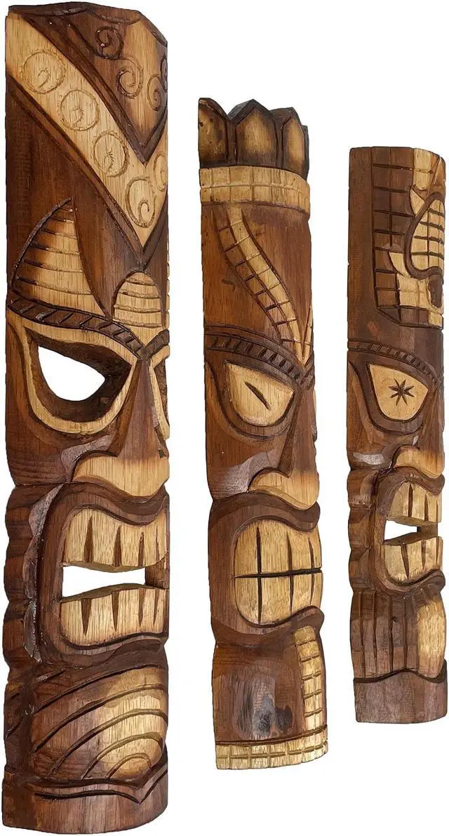 Alt view image 2 of 6 - Set of 3 Exquisite 24-Inch High Hand-Carved Tiki Mask Wall Hanging Sculptures - Artisan Crafted - Perfect Polynesian Designs for Tropical Beach Home Decor