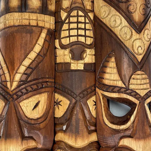 Alt view image 5 of 6 - Set of 3 Exquisite 24-Inch High Hand-Carved Tiki Mask Wall Hanging Sculptures - Artisan Crafted - Perfect Polynesian Designs for Tropical Beach Home Decor