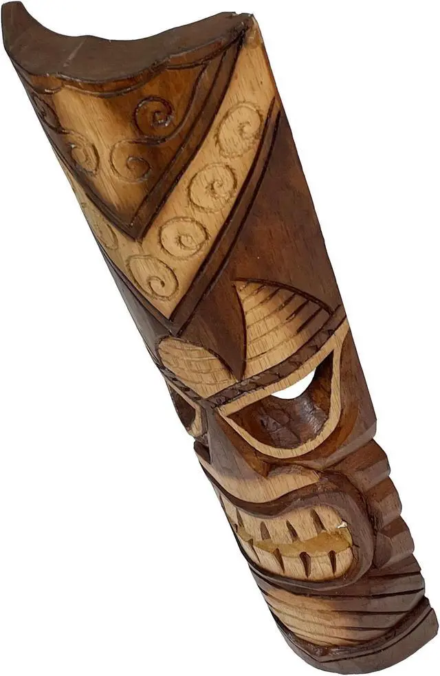 Alt view image 6 of 6 - Set of 3 Exquisite 24-Inch High Hand-Carved Tiki Mask Wall Hanging Sculptures - Artisan Crafted - Perfect Polynesian Designs for Tropical Beach Home Decor