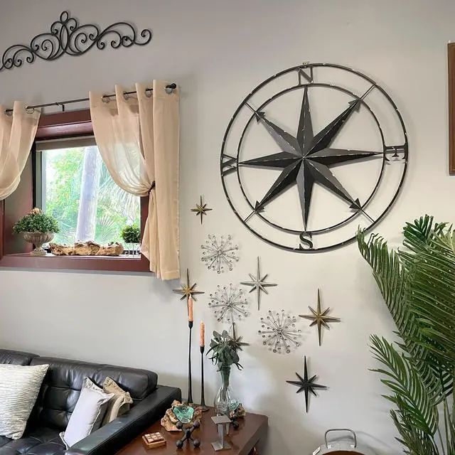 Alt view image 5 of 8 - Large Black Nautical Compass Rose Metal Wall Decor | 39.5 Indoor Outdoor Rustic Maritime Accent | Distressed Finish, Coastal Theme, Easy to Hang