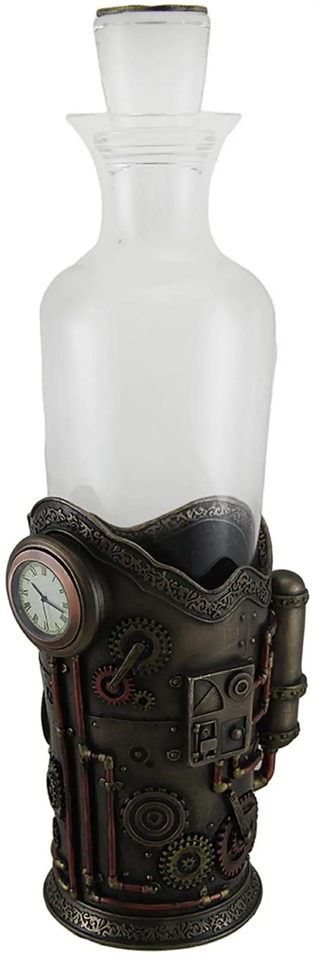 Alt view image 2 of 3 - Time for Spirits Glass Spirit Decanter in Steampunk Basket with Clock