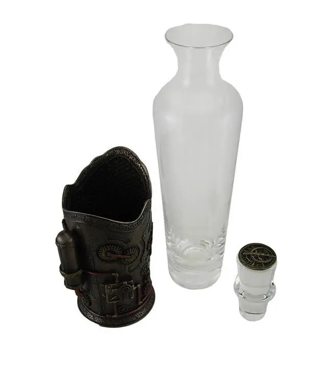 Alt view image 3 of 3 - Time for Spirits Glass Spirit Decanter in Steampunk Basket with Clock