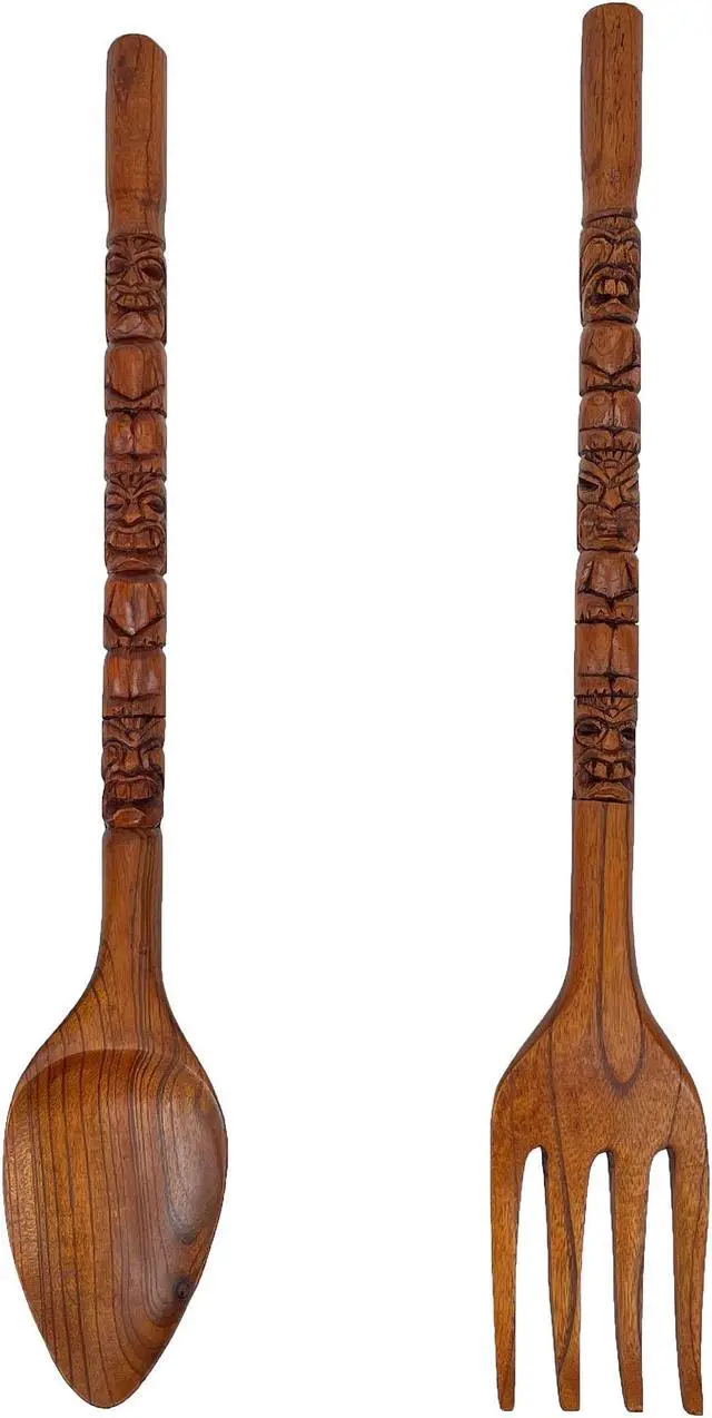 Main image of Hand-Carved Brown Wood Tiki Design Spoon & Fork Wall Sculpture Set Tropical Decor Utensil Decoration - 30 Inches Long - Adds Exotic Charm to Your Home